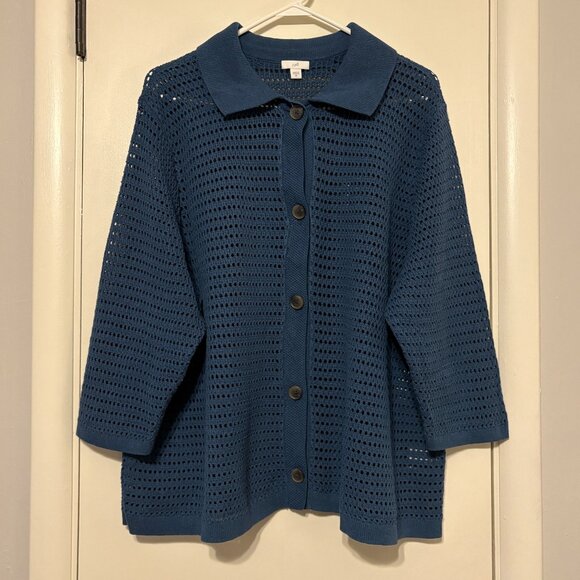 J. Jill Women's Plus Textured Open Knit Button-Front Cardigan Sweater 3X Teal - Picture 1 of 9